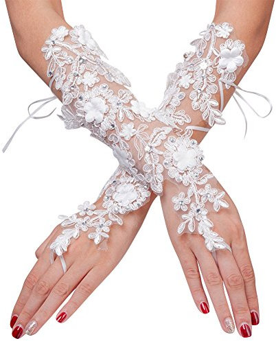IBLUELOVER Gants Mariage Blanc Gant Déguisement Femme Mitaines Court Exquis Gants en Dentelle avec Lacet Accessoires Robe Manches Mariée Wedding Soirée Banquet Performance Cérémonie Halloween