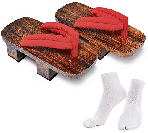 Azumasun Japanische Holzclogs mit Tabi-Socken für Damen und Herren, Braun und Rot, 7-8