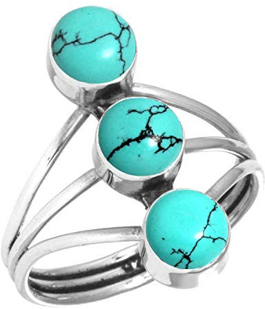 Jeweloporium Blauer Türkis-Silberring, Größe 52 (16,6), 925er Sterlingsilberring für Damen, runder Stein, Boho-Schmuck