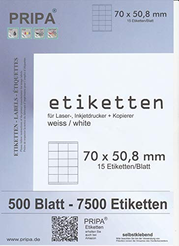 pripa Etikettenformat 70 x 50,8 mm, 500 Blatt DIN A4 Selbstklebende Etiketten (500)