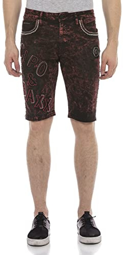 Cipo & Baxx Herren Jeansshorts Kurze Hose Denim Allover-Batik Muster Bermuda Capri Pants CK207 Rot W30