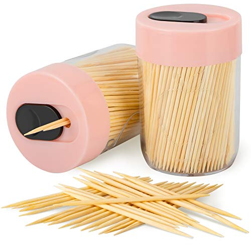 Urbanstrive Sturdy Safe Toothpick Holder with 800 Natural Wood Toothpicks for Teeth Cleaning, Unique Home Design Decoration, Unusual Gift, 2 Pack, Pink