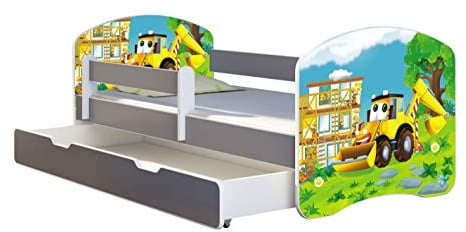 ACMA Kinderbett Jugendbett mit Einer Schublade und Matratze Grau mit Rausfallschutz Lattenrost II Spielbett Kinderzimmer Möbel (20 Bagger, 140x70 + Bettkasten)