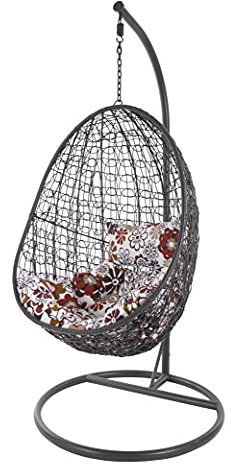 KIDEO Komplettset: Hängesessel mit Gestell & Kissen, Korbsessel, Poly-Rattan (Gestell- und Korbfarbe: dunkelgrau, Kissen: Blumenmuster Nest (3762 Retro Flowers)