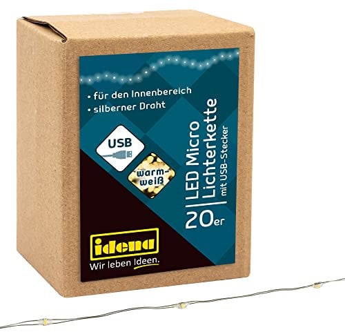 Idena 30256 - LED Micro Lichterkette mit 20 LEDs in Warmweiß, mit USB Stecker, ca. 1,25 m lang, Deko für Innen, zum Basteln, als Party Deko, Weihnachtsdeko, zur Hochzeit, als Stimmungslicht