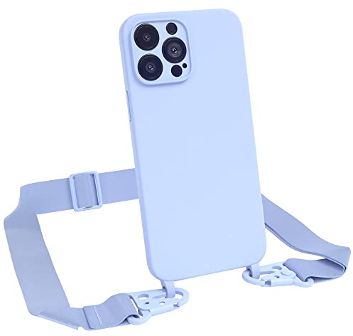 EAZY CASE Premium Silikon 2 in 1 Handykette kompatibel mit iPhone 13 Pro Max Handyhülle mit Umhängeband, Handykordel mit Silikonhülle, Hülle mit Band, Kette für Smartphone, Hell Blau
