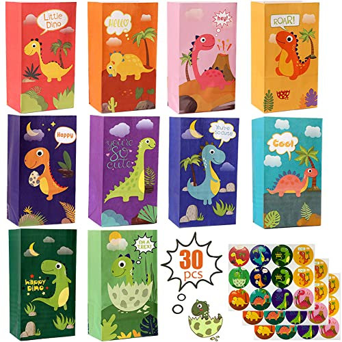 OEMG Dinosaurier Papiertüten 22x13x8 cm, 30 Stück Dinosaurier Geschenktüten mit 36 Dinosaurier Aufkleber, Papiertueten Dino Kindergeburtstag, Papiertueten Dino für Kinder