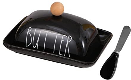 Farmhouse Porcelain Black Butter Dish with Lid and Knife for Countertop