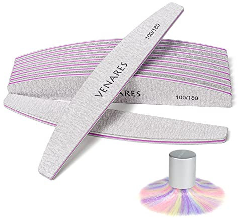 Venares 10 Stück Nagelfeile 100/180 mit Bürste - Profi Doppelseitige Nagelfeilen für Gelnägel, Trapez, Waschbar und Wiederverwendbar