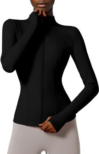 Locachy Damen Slim Fit Full Zip Athletic Running Sport Workout Jacke mit Taschen, Stil 02, Schwarz, 32