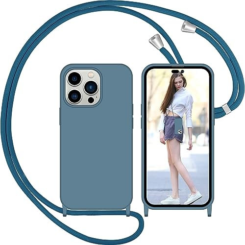 Nupcknn Handykette Hülle für iPhone 14 Pro Hülle TPU Bumper+PC Back Necklace(abnehmbar) Transparent Hülle mit Kordel zum Umhängen Handy Schutzhülle mit Band (Ziegelblau)
