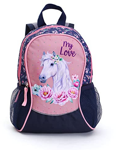 Ragusa-Trade Mädchen Kinder Rucksack Kinderrucksack mit tollem Pferde Motiv Motiv (81863) mit Hauptfach und Nebenfach, Getränkenetz, 35 x 27 x 15 cm, blau/rosa