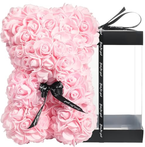 NWSX Rosenbär - Rose Teddybär auf jedem Rosenbären - Blumenbär Perfekt für Jubiläen, Mütter - Klare Geschenkbox inklusive! 10 Zoll groß (Light pink, 10in)