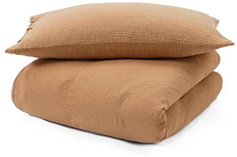 URBANARA 2er Set Musselin-Kinderbettwäsche Mondimi - 100% weiche Bio-Baumwolle, 1x Kopfkissen 80x80 cm & 1x Bettbezug 135x200 cm, Kokosnussknöpfe, GOTS-Zertifiziert & schadstofffrei - Kork