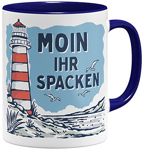 OM3® lustige Kaffee-Tasse mit Spruch - Moin Ihr Spacken - Slogan Leuchtturm Meer Küste - Keramik Becher - 11oz 325ml - Beidseitig Bedruckt - Dunkelblau