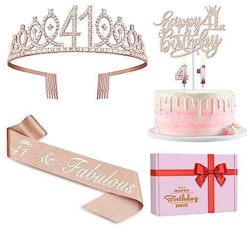 41 Birthday Decorations for Women Including Birthday Sash, Crown/Tiara, Numeral Candles and Cake Topper, 41 Year Old Gifts for Women, Rosegold Party Decor and Supplies