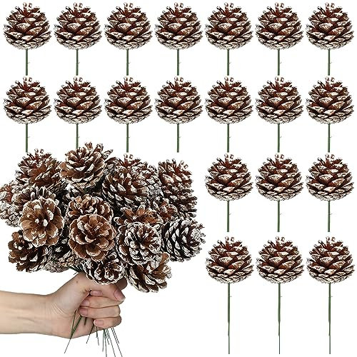 Glitinsel 60 Stück rustikale Weihnachts-Tannenzapfen, 4,9 cm, Weihnachtsbaum, Schnee, Tannenzapfen mit Draht, weiße Bastel-Tannenzapfen, natürliche Tannenzapfen, Dekorationen für Urlaubskranz,