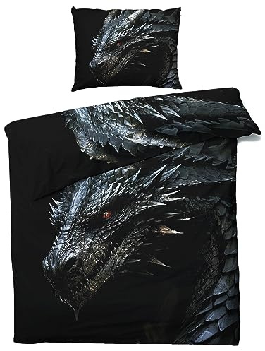 MOBEITI Schwarze Drachen Bettwäsche 135x200, Fantasy Drachenmotiv Wendebettwäsche, Weiche Kuschelige Mikrofaser Bettbezug Set 2teilig, 1 Kissenbezug 80x80, mit Reißverschluss