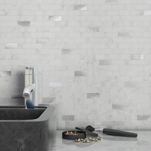 BeNice Marmorfliesen-Sticker sind ideal für die Renovierung von Küchen, Bädern, Toiletten und mehr. Fliesenmuster Umgestaltungsplatte Hitzebeständig Wasserdicht DIY Wandfliesen(Weiß,10Stücke)