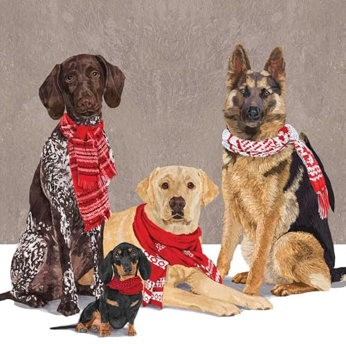 20 Servietten Weihnachten Hunde mit Winterschal als Tischdeko. Papierservietten mit Motiv. Auch für Decoupage und Serviettentechnik 33x33cm
