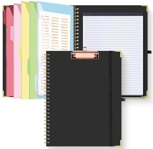 HAUTOCO Klemmbrett A4 Ordner Mit Nachfüllbarem Linierten Notizblock, 5 Ordnern Lagerung 10 Taschen, Deckel, Spiral Clip Board für Schule, Büro, Schwarz