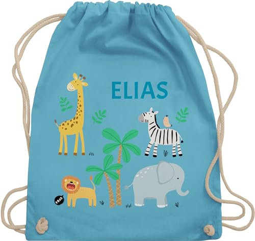 Turnbeutel Rucksack - Safari Tiere Zootiere Zoo Giraffe Zebra Löwe Elefant - Unisize - Hellblau - personalisierte kindergarten beutel tier stoffbeutel wäschebeutel kita tieren sportbeutel