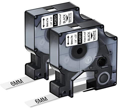 NineLeaf 2 Packung Ersatz für Dymo D1 43613 S0720780 A43613 6mm x 7m 0.23'' Bänder Schwarz auf Weiß Schriftband für LabelManager 160 210D 220P 120P 150 LabelPoint 100 150 200 250 Beschriftungsgerät