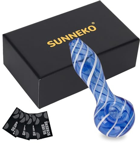 SUNNEKO 7 Kickloch Glaspfeife Dickes Glas Löffel Bong Hitzebeständig Geruchsneutral Taschenform Pfeife Home Dekorative Accessoires, 11 cm, Blau mit weißem Streifen