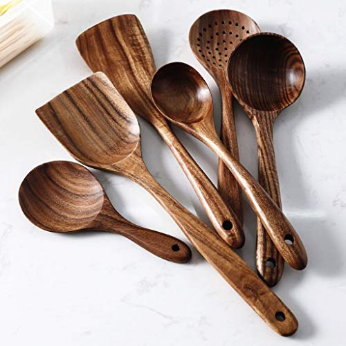 Vajilla de madera Natural de teca, cuchara, cucharón, colador largo de arroz, espumadera de sopa, cucharas de cocina, cuchara, juego de herramientas de cocina