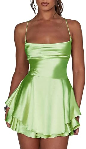 Rückenfreier, kurzer Strampler für Damen, Satinkleid, sexy Wasserfallausschnitt, kurze Jumpsuits, Krawatte, Rüschen, Spaghettiträger, Minikleid, A-light Grün, L