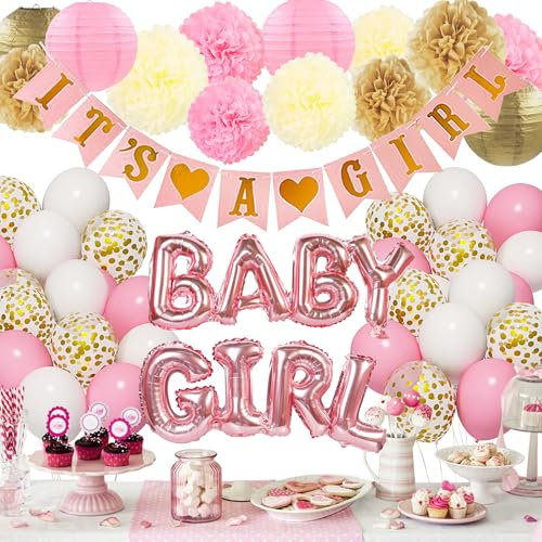 Baby Girl Rosa Weiß Luftballons Baby Shower Birthday Party Dekoration mit Ita a Girl Banner Baby Girl Folienballon Papierblume für Babyparty Babydusche Gender Revel Luftballons Party Deko