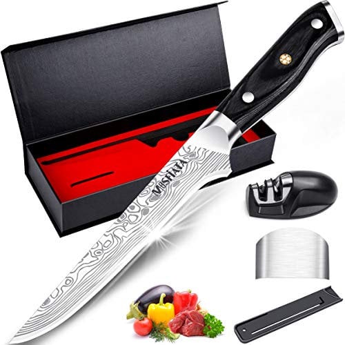 MOSFiATA Boning Knife, 6 Inch Sharp Fish Filleting Knife, German High Carbon Stainless Steel EN1.4116 Chef’s Knife, Kitchen Cooking Set with Finger Guard, Knife Sharpener, Micarta Handle Gift Box