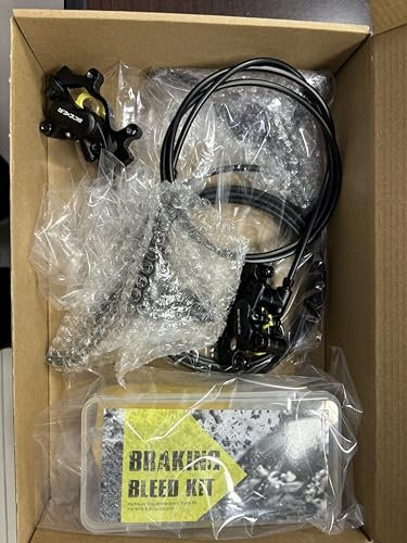 BICYCGEAR Hydraulische Scheibenbremsen Upgrade Set für MTB, 4 Kolben Vorgeblasene Bremsen Kit mit Entlüftungssatz, links vorne rechts hinten, Box verpackt