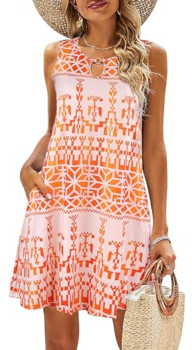VEUNCOS Damen Sommer Freizeit Knielang Ärmellose Bohemia Strandkleider mit Taschen,Orange L