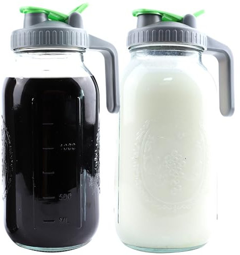 Mason Jars Pitcher Half Gallon (2 Set) Glass Breastmilk Formula Pitcher For Fridge 2 Quart Wide Mouth Jugs With Top Flip Cap & Pour Spout For Cold Coffee, Sun Tea Airtight Storage & Leakproof 64 Oz