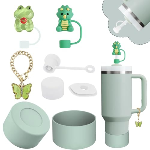 Stanley Cup Accessories Set,Including 2 Pcs 0.4in Straw Cover, 1 Silicone Spill-Proof Stopper, 1 Cute Handle Charm, 1 Silicone Boot Fits Stanley Cup Stanley 40&30 Oz Tumbler (Eucalyptus Green)