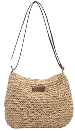 Bolsa de paja, bolso de cuerpo cruzado de paja de verano, bolsas de playa para mujeres, bolsos de paja de hombro sincero trenzados con cremallera para viajes navideños - beige