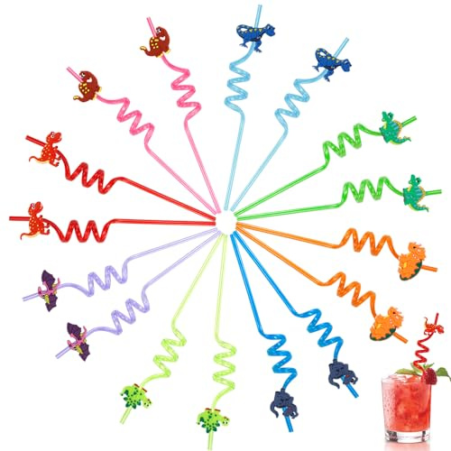 Cocktail Strohhalme Trinkhalme Plastik Dicke Plastikstrohhalme mit Knick 16 Stück Trinkröhrchen Wiederverwendbar Straws Dinosaurier Party Deko Strohalme Kunststoff für Kinder Erwachsene (Dinosaurier)