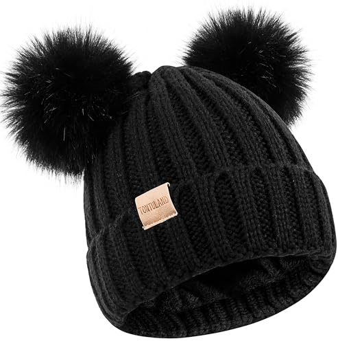 Tontuland Berretto Invernale per Bambini, Caldo Berretto da Sci con Pompon Foderato in Pile, Cappello Lavorato a Maglia per Ragazzi e Ragazze, Nero, Taglia Unica