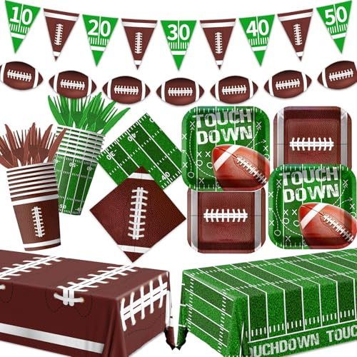 Football Party Supplies Kit Includes Dinner Plates, Dessert Plates, Napkins, Cups,Banner and Touchdown Tablecloth for Football Birthday Party Football Gameday Tailgate Party Decorations Serve 20