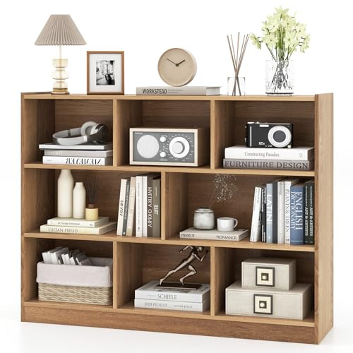 GYMAX Libreria a Cubi in Legno, Scaffale Aperto a 3 Livelli con 8 Cubi, Libreria Scaffale Espositore per Soggiorno, Camera da Letto, Cameretta, Angolo di Lettura, 122 x 32 x 93 cm (Naturale)