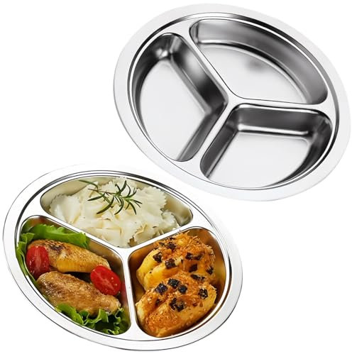 2 platos redondos divididos de acero inoxidable, 24 cm, plato de control de porciones con 3 compartimentos, platos divididos de acero inoxidable para niños, platos bariátricos, platos de metal para
