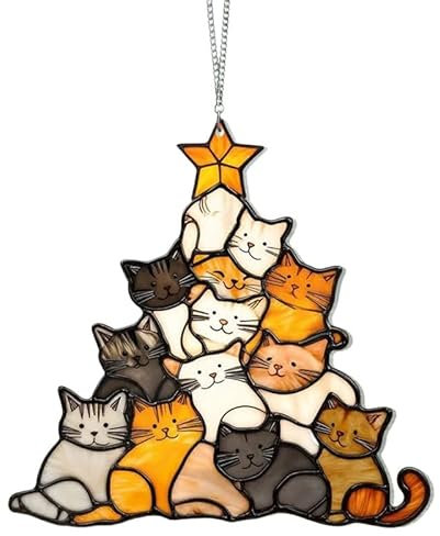 Cat Christmas Tree Suncatcher Ornament, Cats Stacked Decoration suncatcher Hanging Ornament for Chandeliers, Garden, Christmas Tree Winter Holiday Xmas Gift for Cat Lovers (A)