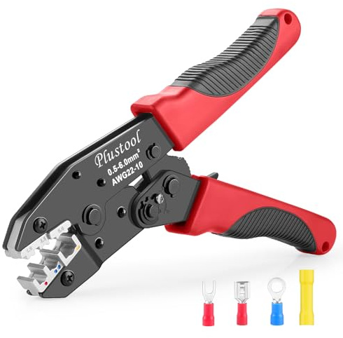 Plustool Crimping Tool for Insulated Electrical Connectors AWG 22-10 - Ratchet Wire Clamp Crimper - Chrome