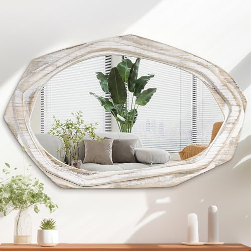 AAZZKANG Espejo de pared irregular de madera, grande, rústico, asimétrico, 70 x 45 cm, decorativo para dormitorio, sala de estar, baño, entrada, colgante, color blanco