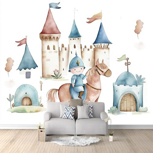 Papier Peint Mural 3D Cheval De Garçon De Château De Dessin Animé 200x140 cm Papier Peint Murale Panoramique Poster Tapisserie Photo intissé, pour Chambre Salon Personnalisé Murale Décoration