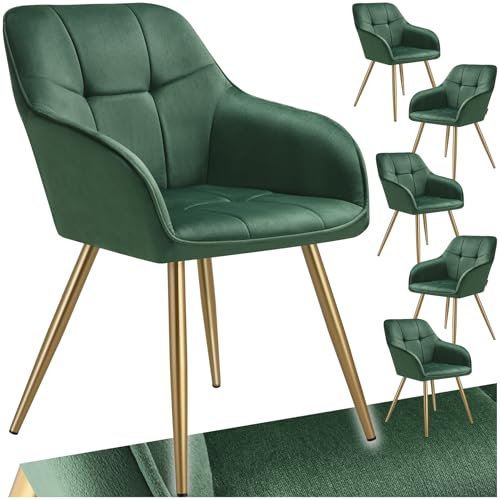 tectake® Samt Stuhl, Esszimmerstuhl mit Stepp Samtstoff, Küchenstühle modern, gemütlicher Sessel Wohnzimmer, Armlehnstuhl Esszimmer, Dining Lounge, Schminktisch Stuhl - dunkelgrün/Gold, 6er Set