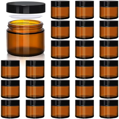 Amber 2oz Glass Jars with Lids - 24 Pack Leakproof Small Cosmetic Containers with Inner Liners, Wide-Round Smooth Mouth, Sealable for Creams, Lotions, Essential Oils, Body Butter, Travel Samples