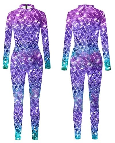 Generisch Meerjungfrau Kostüm Damen Jumpsuit Cosplay Fischschuppen Druck Lange Meerjungfrauen Body Overall Skinny Hose Einteiler Fitness Yoga Outfits Sexy Faschingskostüm