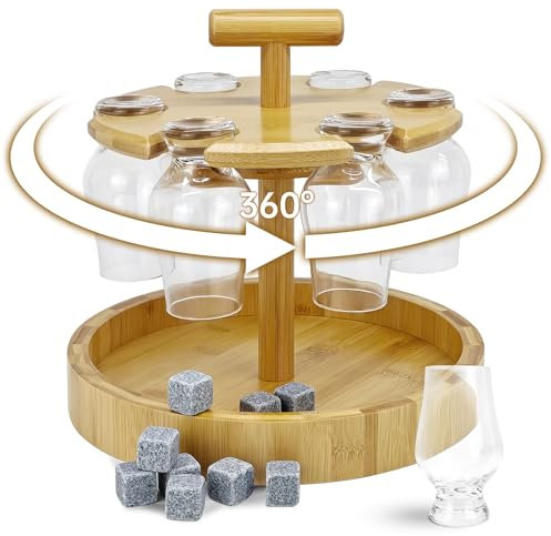 ZibugZag 360° Rotating Bamboo Whiskey Glass Rack – Compatible with Glencairn Glasses, 6-Glass Holder with T-Handle and Tray, Premium Lacquered Bamboo Bar Accessory